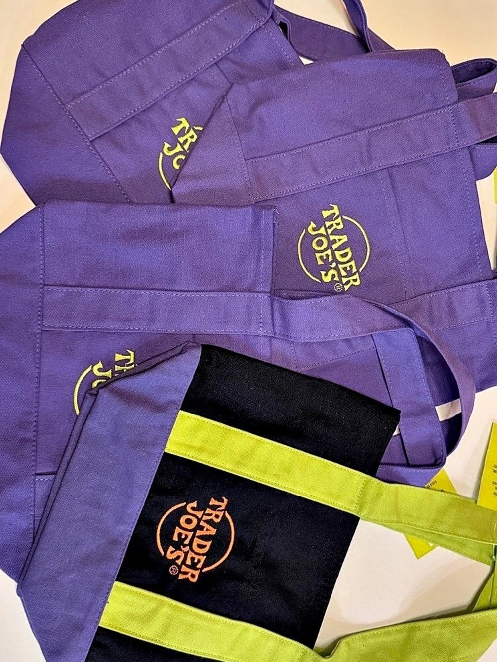 Trader Joe's Trick-or-Treat Mini Canvas Tote Bag 3 Purple & 1 multi colored